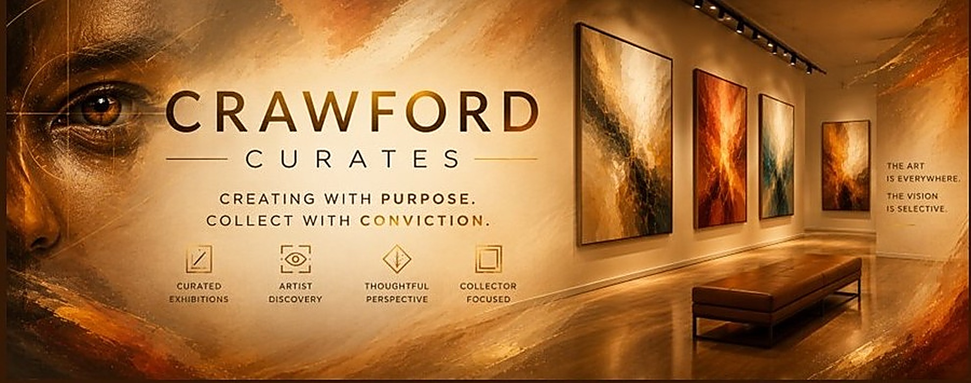 Crawford Curates — Creating with purpose. Collect with conviction. A gallery interior with curated digital art on the walls.