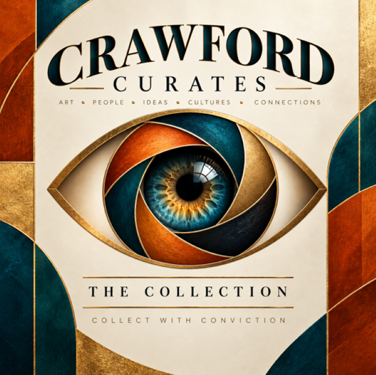 The Crawford Curates Collection — exhibition cover, a stylized eye rendered in teal, gold, and rust